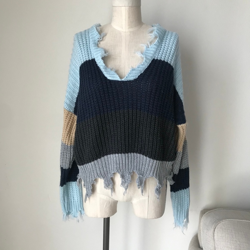 Miracle Blue Knit Fray Sweater Top